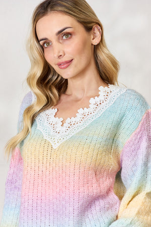 Rainbow Gradient Crochet Deetail Sweater