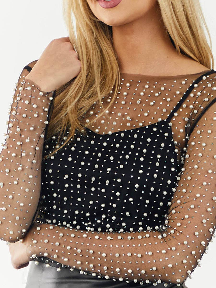 Pearl Rhinestone Mesh Top