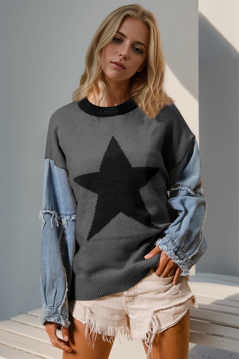 Star Pattern Raw Edge Sweater