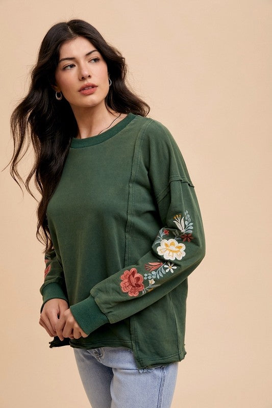 Embroidered French Terry Top (Forest Green)