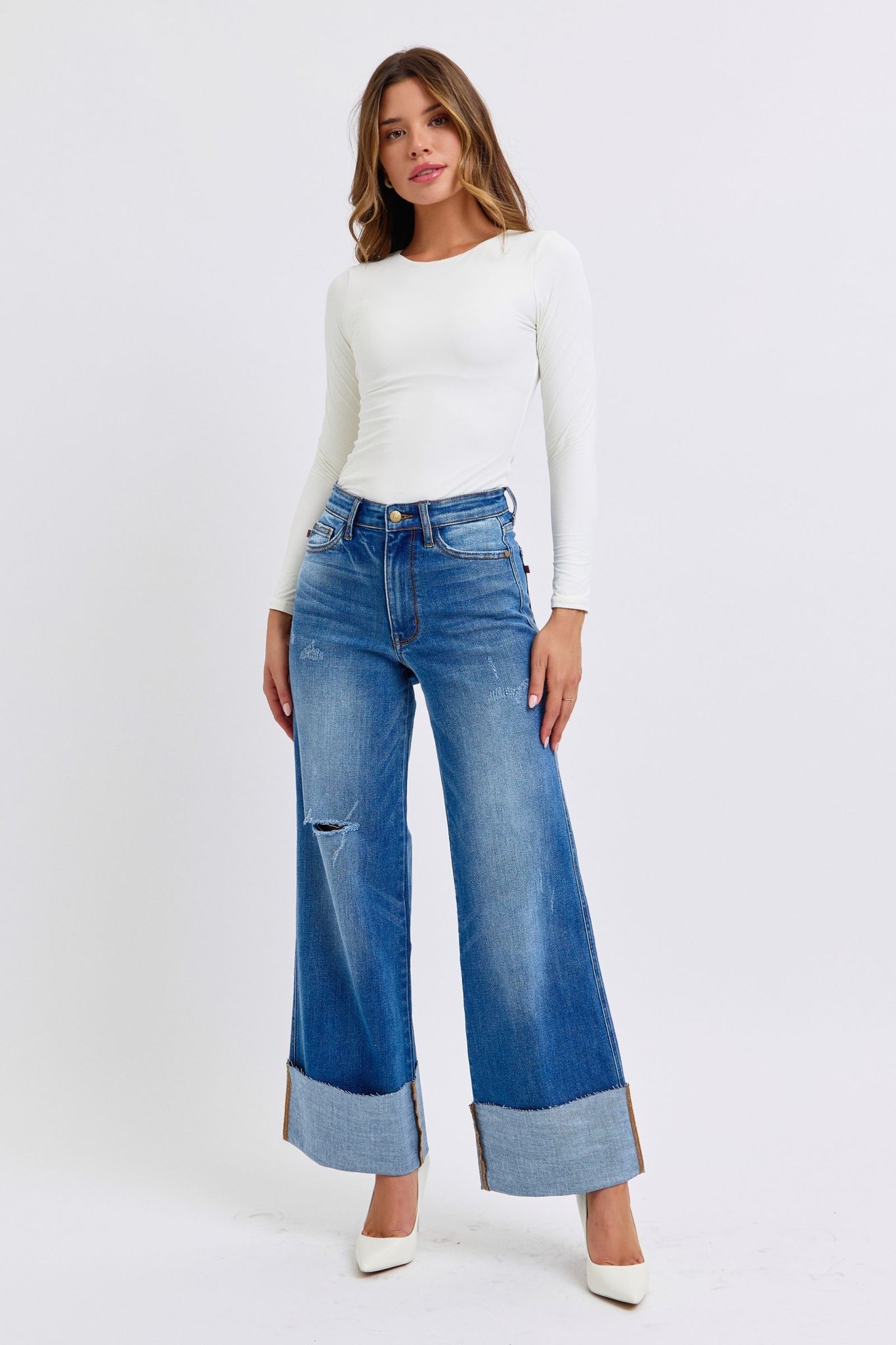 Full Size Distressed High Waist Wide Leg Jeans