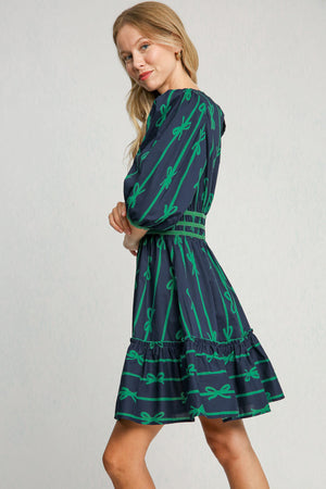 Ribbon Print Velvet Trim Dress