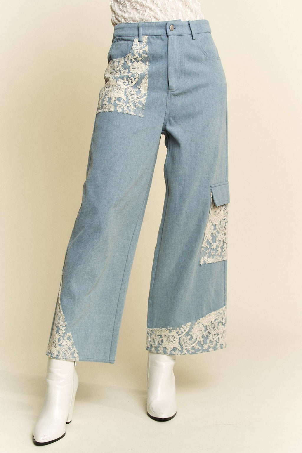 Lace Applique Wide Leg Jeans