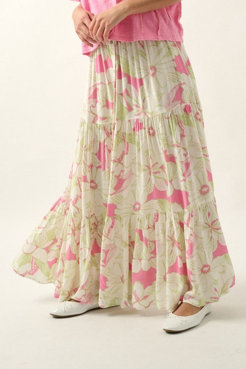 Floral Button Front Smock Elastic Waist Maxi Skirt