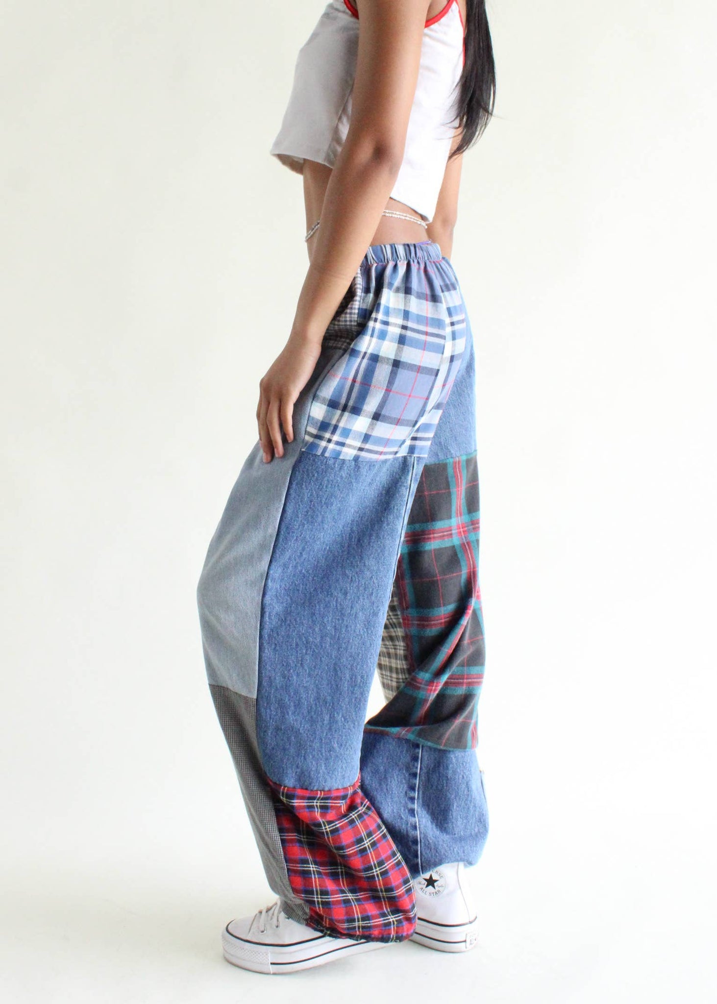 Flannel & Denim Patchwork Pants