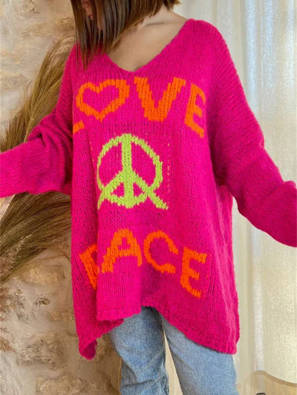 Love and Peace V-Neck Slouch Sweater