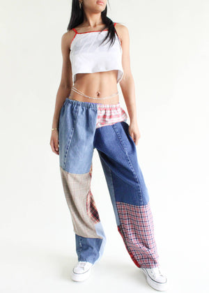 Flannel & Denim Patchwork Pants