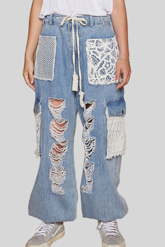 Crochet Patch Distressed Jean Joggers