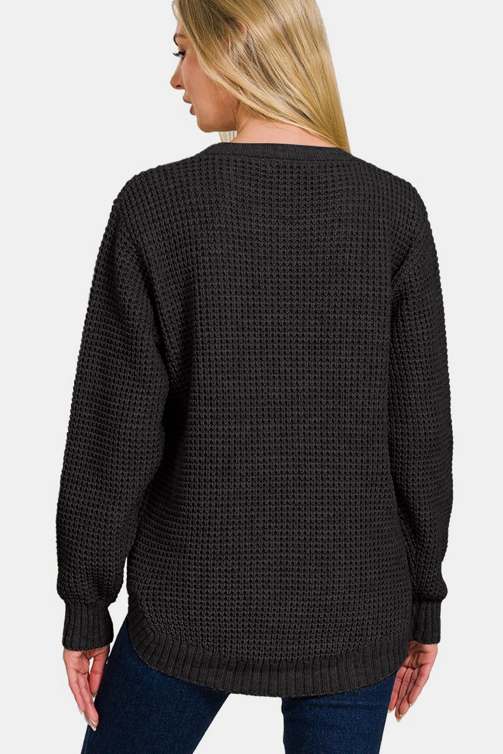 High Low Long Sleeve Waffle Sweater