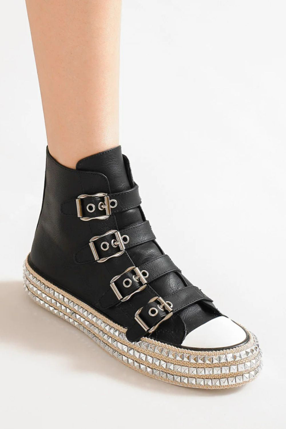 Vegan Multi-Buckle Straps Studded Platform Sneakers