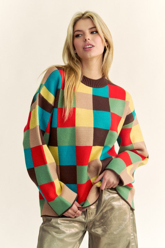 Davi & Dani Color Block Checkered Dropped Shoulder Sweater