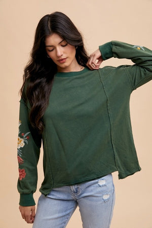 Embroidered French Terry Top (Forest Green)