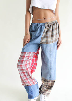 Flannel & Denim Patchwork Pants