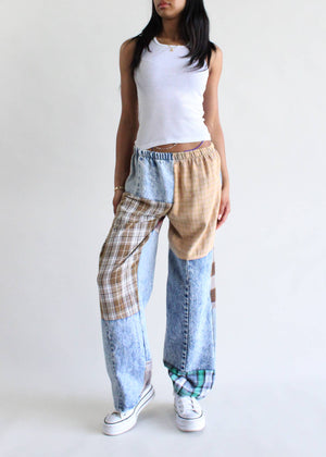 Flannel & Denim Patchwork Pants