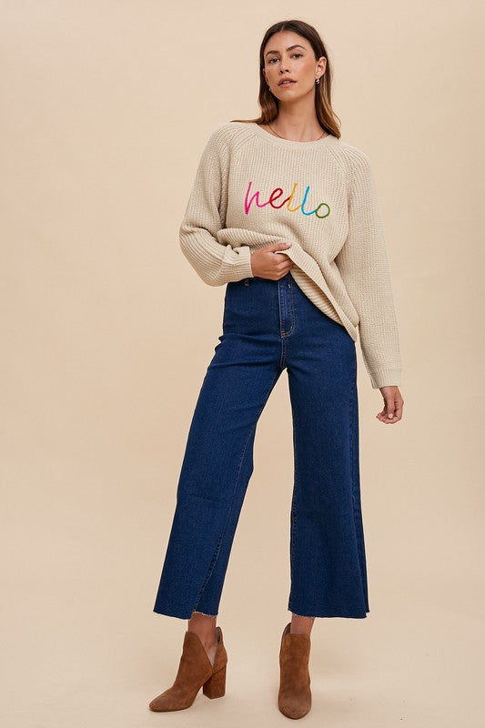 HELLO Embroidered Raglan Sweater