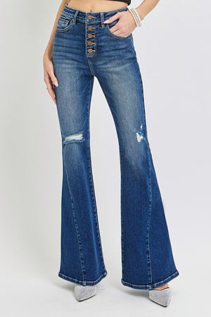 Distressed Button-Fly Flare Jeans