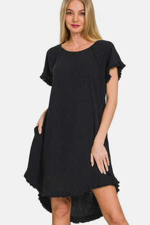 Fringe Edge High Low Flowy Dress with Pockets