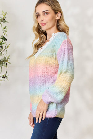 Rainbow Gradient Crochet Deetail Sweater