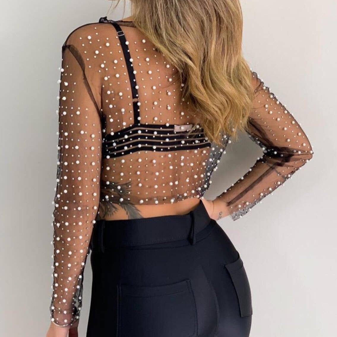 Pearl Rhinestone Mesh Top