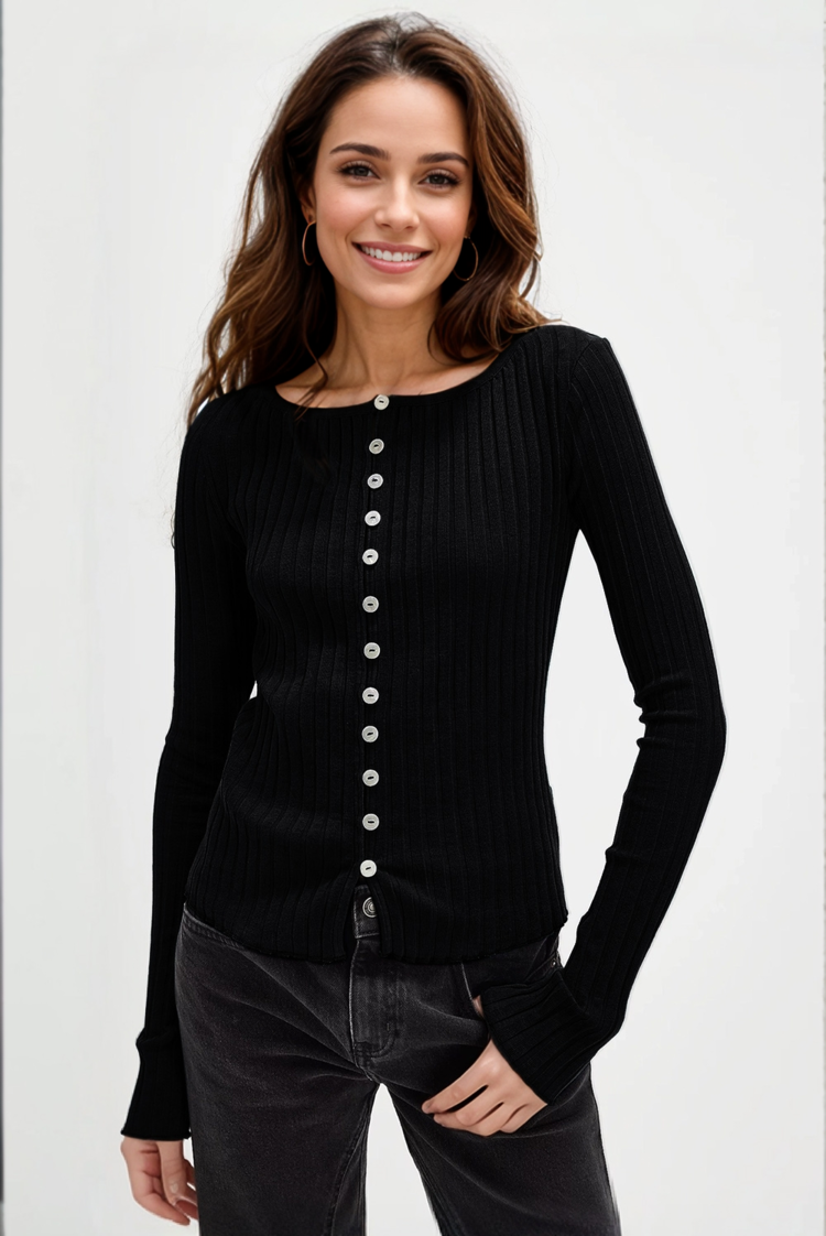 Button Up Round Neck Long Sleeve Top