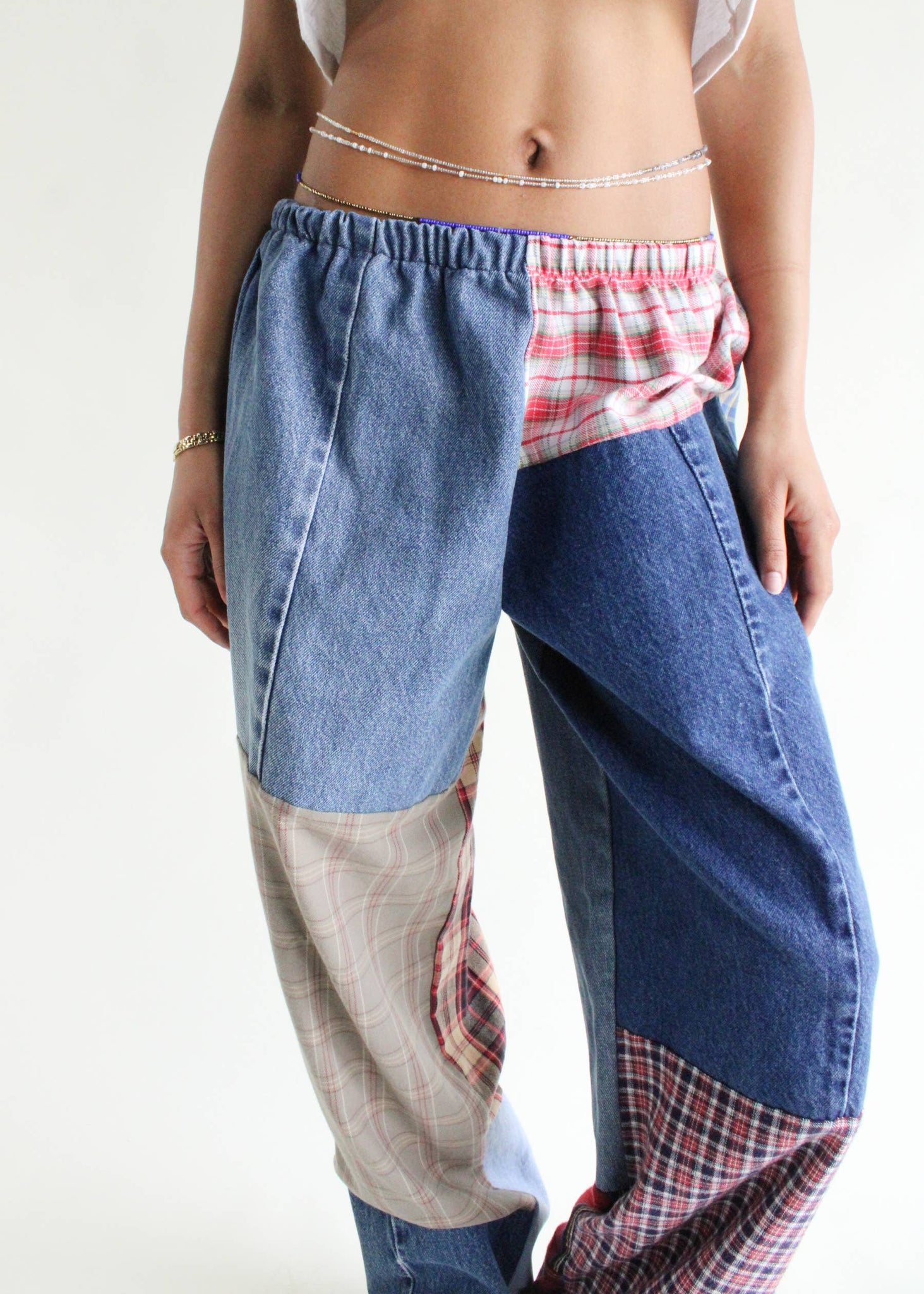 Flannel & Denim Patchwork Pants