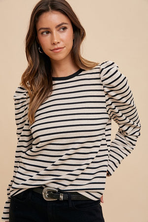 Striped Puff Sleeve French Terry Top