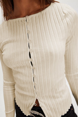 Button Up Round Neck Long Sleeve Top