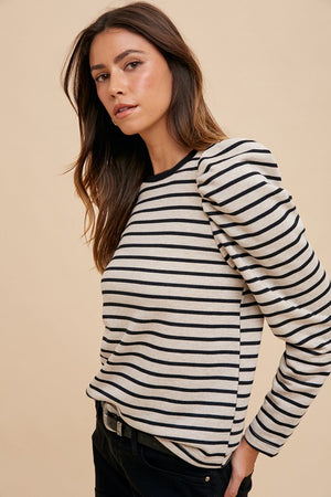 Striped Puff Sleeve French Terry Top