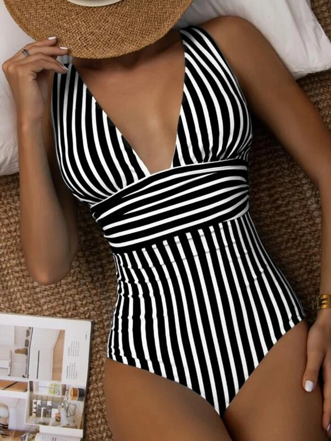 Striped Plunge Sleeveless One-Piece Swimwear