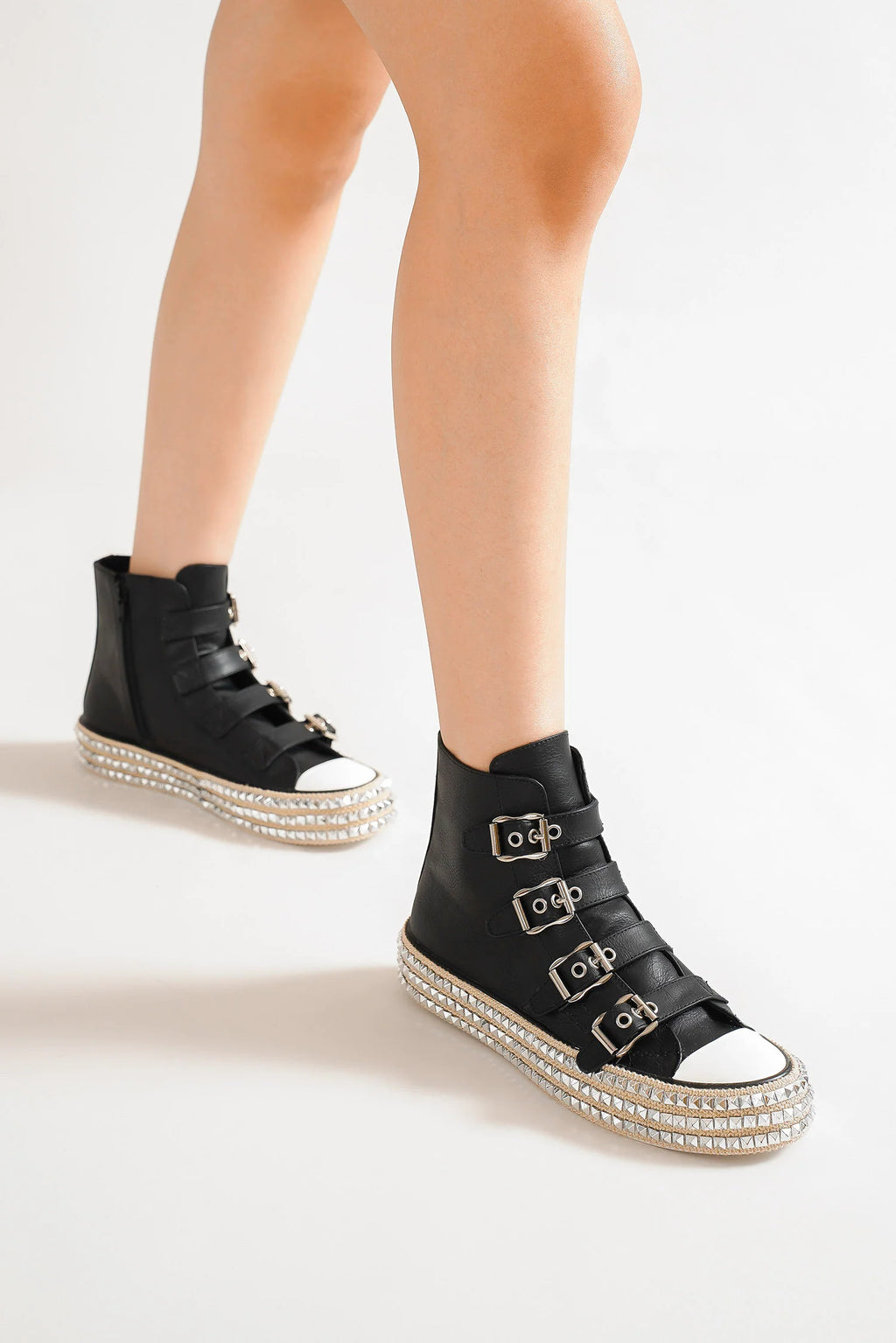 Vegan Multi-Buckle Straps Studded Platform Sneakers