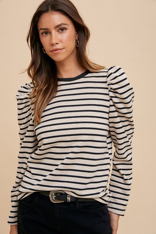 Striped Puff Sleeve French Terry Top