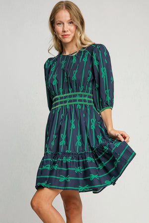 Ribbon Print Velvet Trim Dress