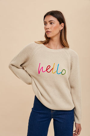 HELLO Embroidered Raglan Sweater