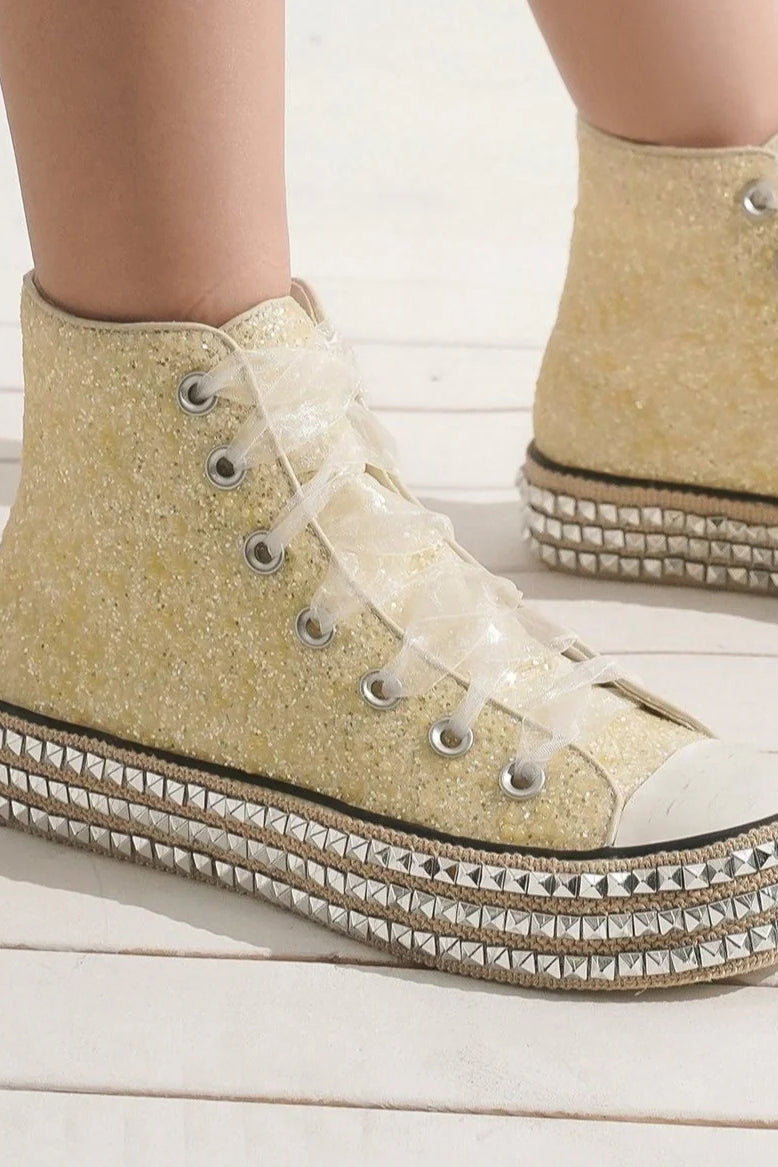 Vegan Glitter Lace-Up Studded Platform Sneakers