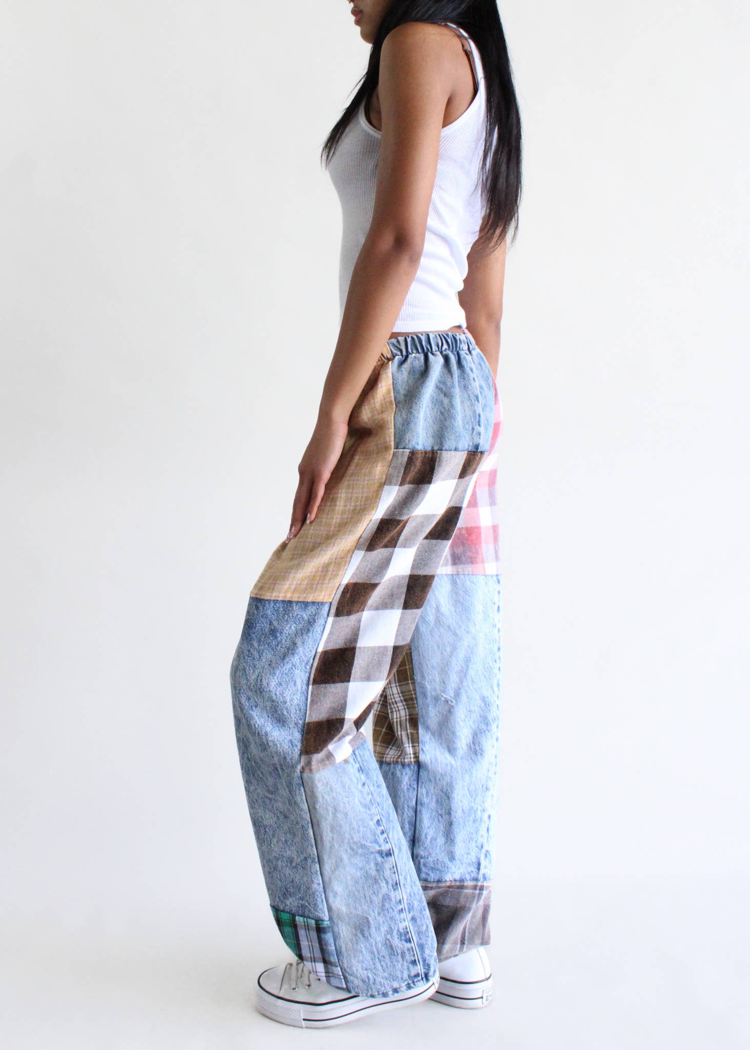 Flannel & Denim Patchwork Pants