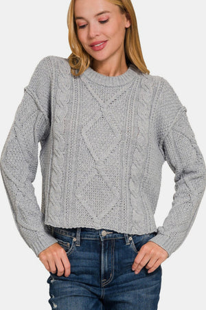 Cropped High Low Cable Sweater with Side Slits