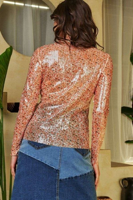 Sequin Mock Neck Mesh Top