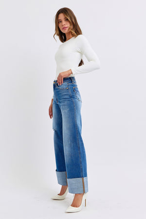 Full Size Distressed High Waist Wide Leg Jeans