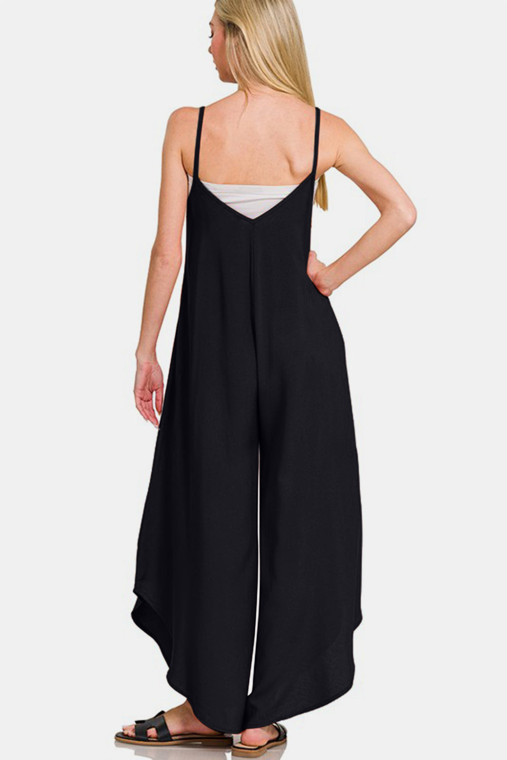 Spaghetti Strap Wide Leg Overalls with Pockets