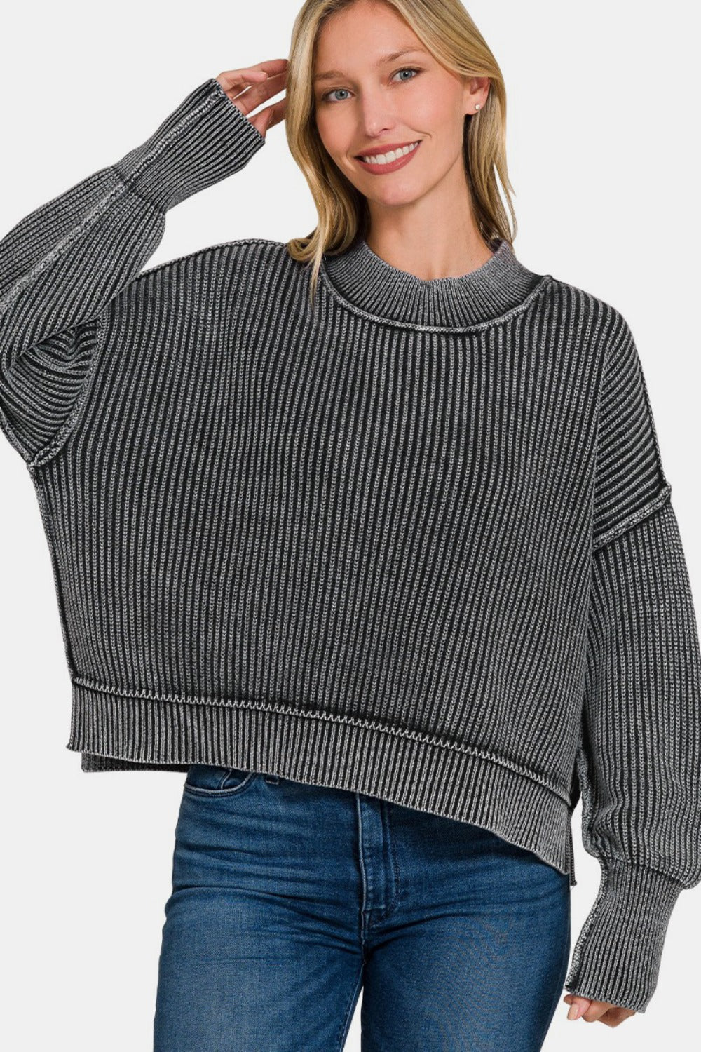 Exposed Seam Round Neck Dropped Shoulder Sweater