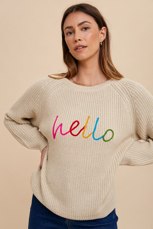 HELLO Embroidered Raglan Sweater