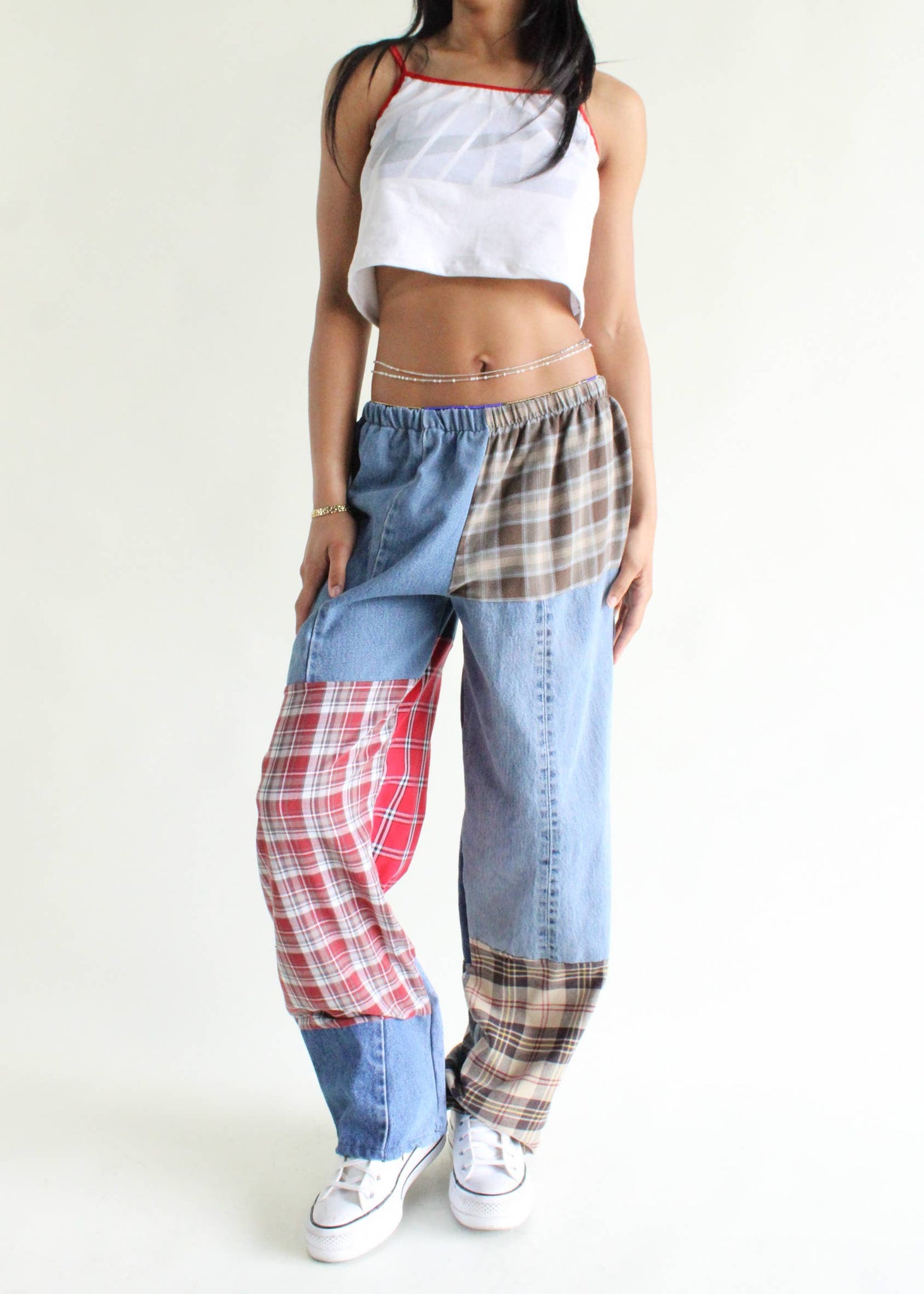 Flannel & Denim Patchwork Pants