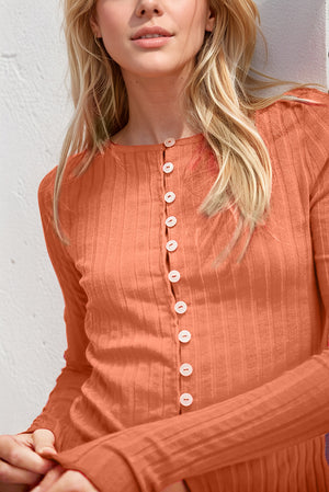 Button Up Round Neck Long Sleeve Top