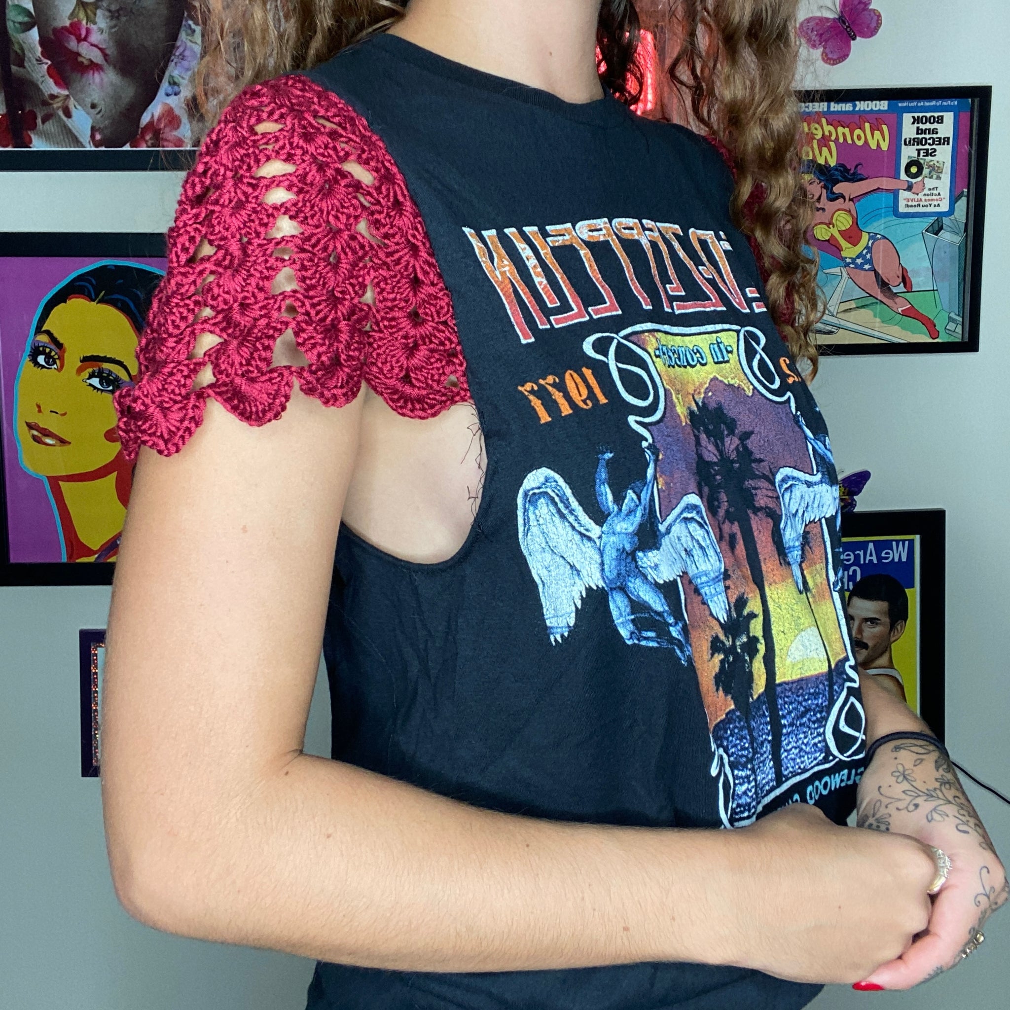 OOAK Led Zeppelin Crochet Flutter Sleeve Top