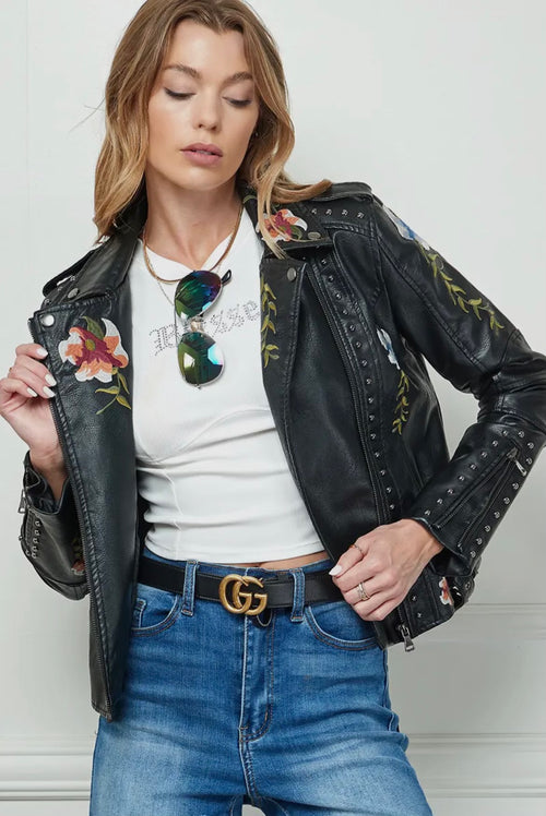 Floral Embroidery Vegan Leather Jacket