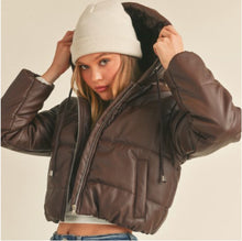 Load image into Gallery viewer, Cropped Vegan Leather Down Jacket
