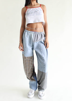 Flannel & Denim Patchwork Pants