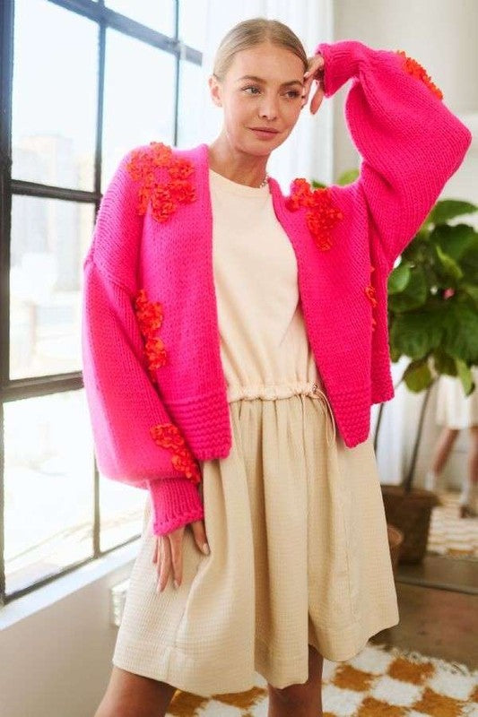 Floral Applique Drop Shoulder Cardigan