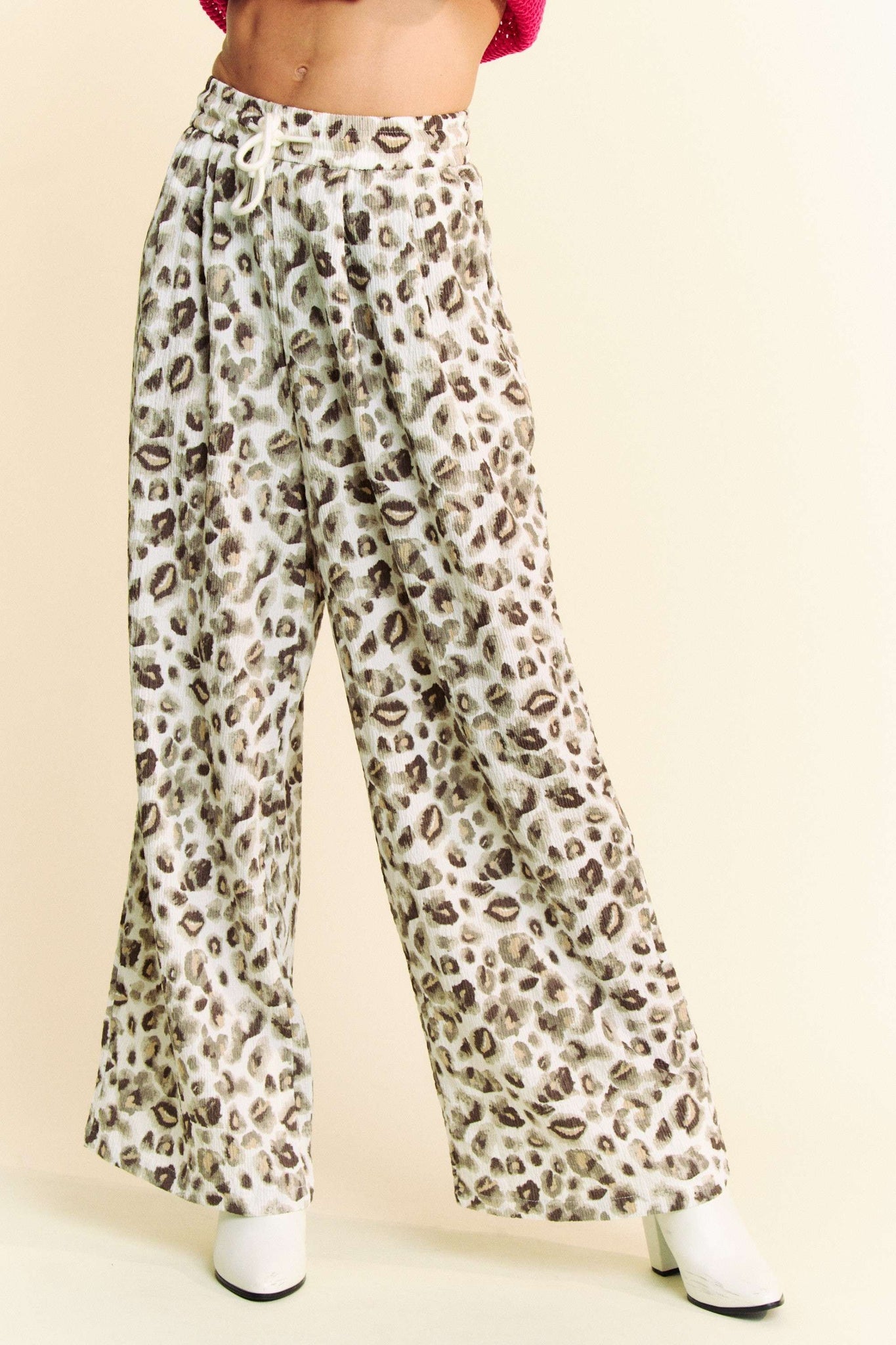 Drawstring Leopard Wide Leg Pants