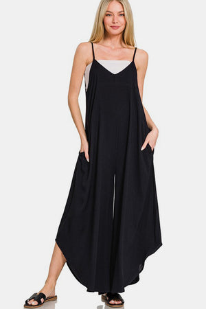 Spaghetti Strap Wide Leg Overalls with Pockets